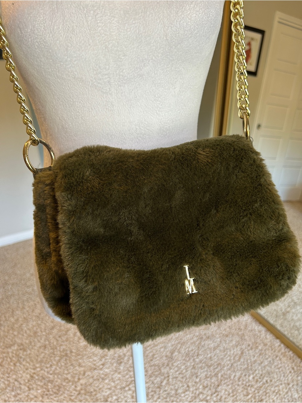 Isaac Mizrahi Olive Green Faux Fur Crossbody Bag Gold Chain Accents